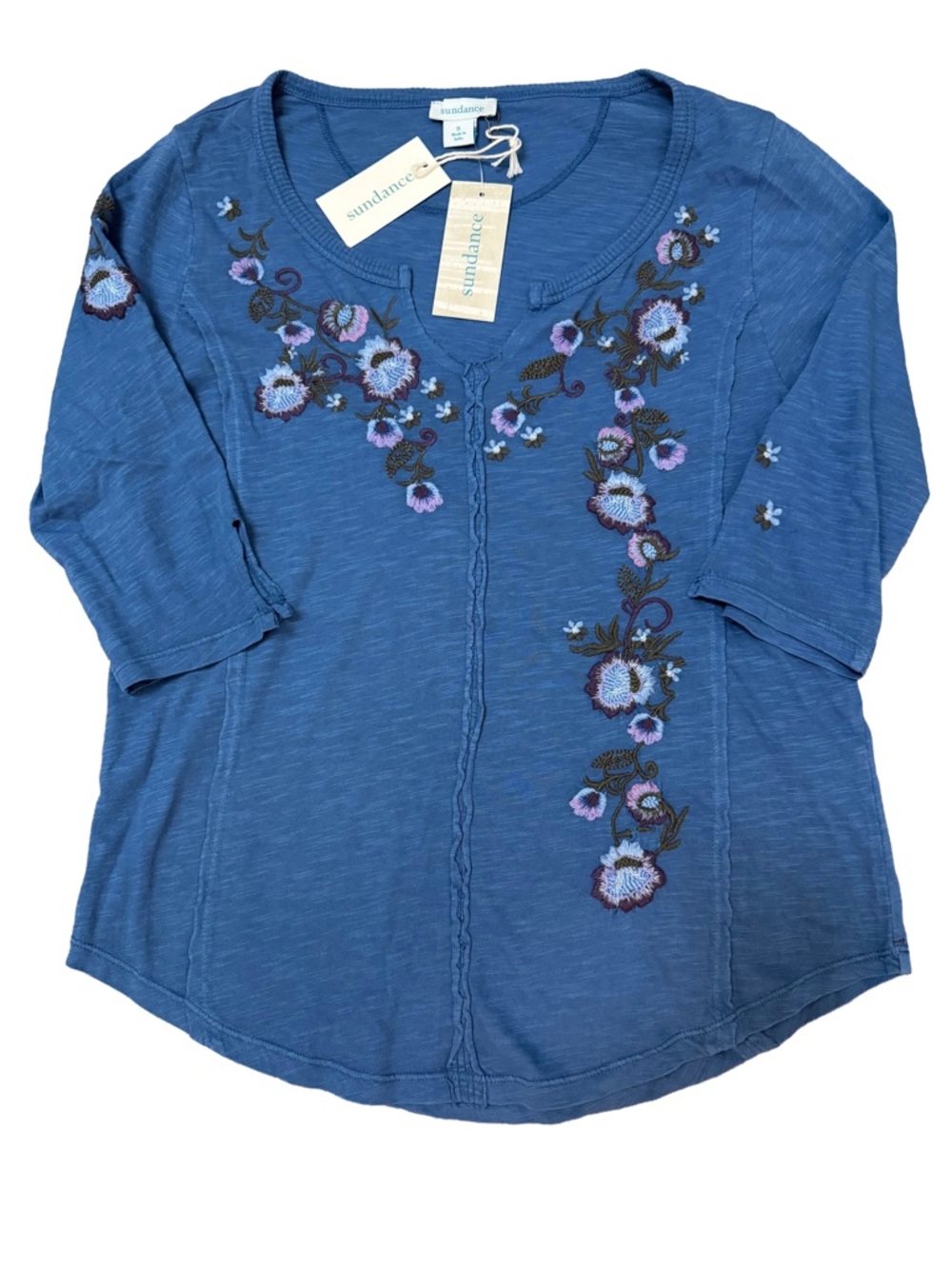 Sundance Blue Floral Embroidered Scoop Neck Women's Top - Small